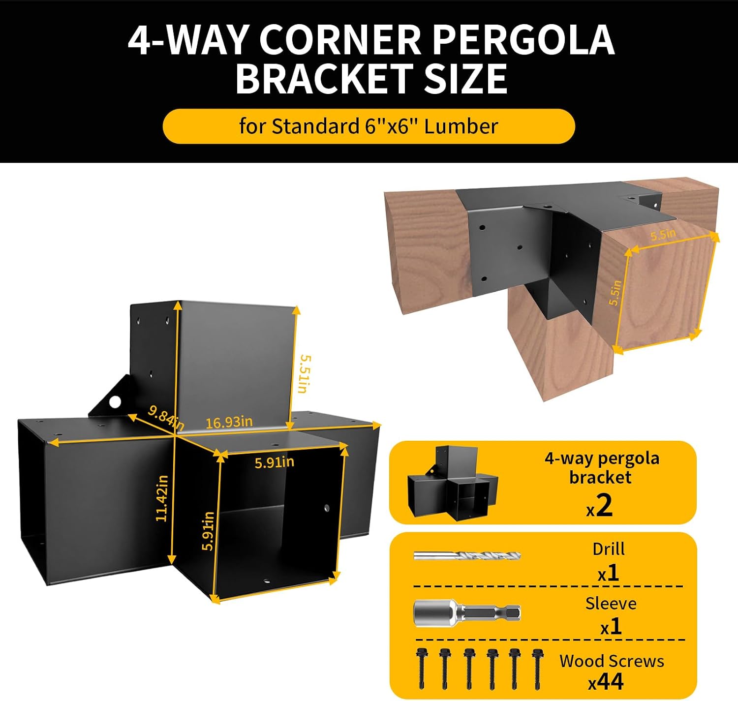 2Pack 6" x 6" 4-Way Pegola Brackets, DIY Right Angle Corner Conrer Bracket with Screw for (Actual:5.5x5.5) Wood Beam Support,Heavy Duty Gazebo Bracket for Outdoor Pavilion,Porch,Hunt Cabin image 2