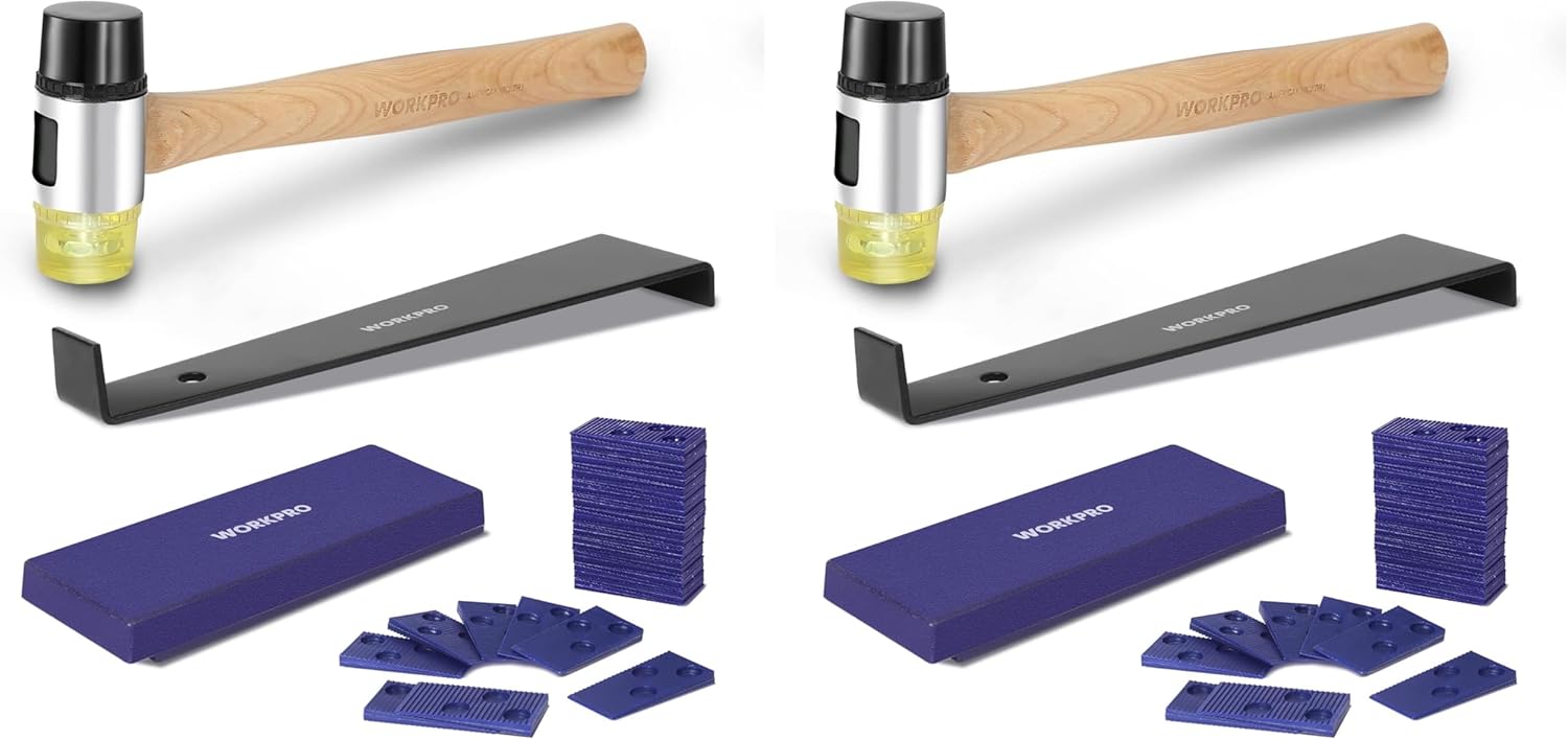 WORKPRO Laminate Wood Flooring Installation Kit with Reinforced Double-Faced Mallet, Heavy Duty Pull Bar, Tapping Block and 30-Piece Spacers Included,Multicolor (Pack of 2)
