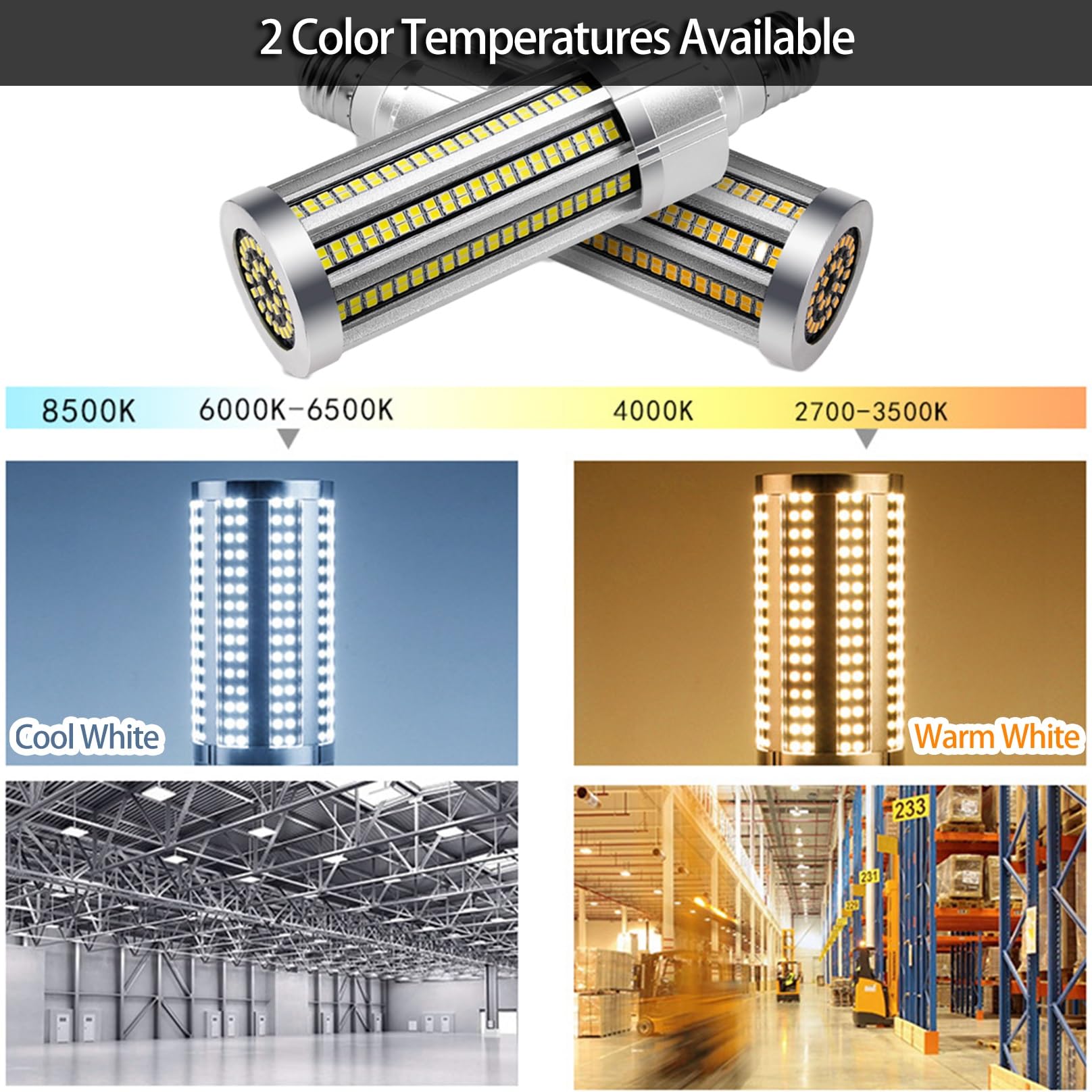 Lampadina LED A Mais 7200 Lumen 3000K/6000K 60W Ampia Area Luce Diurna Fredda Bianco E27 Base Media for Garage Magazzino Officina di Fabbrica (Color : Cold White, Size : 60w)