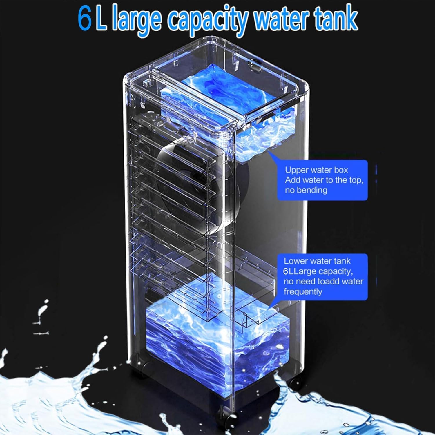 Climatiseur Évaporatif Mobile, Rafraîchisseur d'Air Silencieux 4 en 1, humidifier, Ionisé et Ventilateur, 3 Vitesses, 3 Modes, Réservoir 6L, Minuterie 7.5 h, Télécommande (Noir)