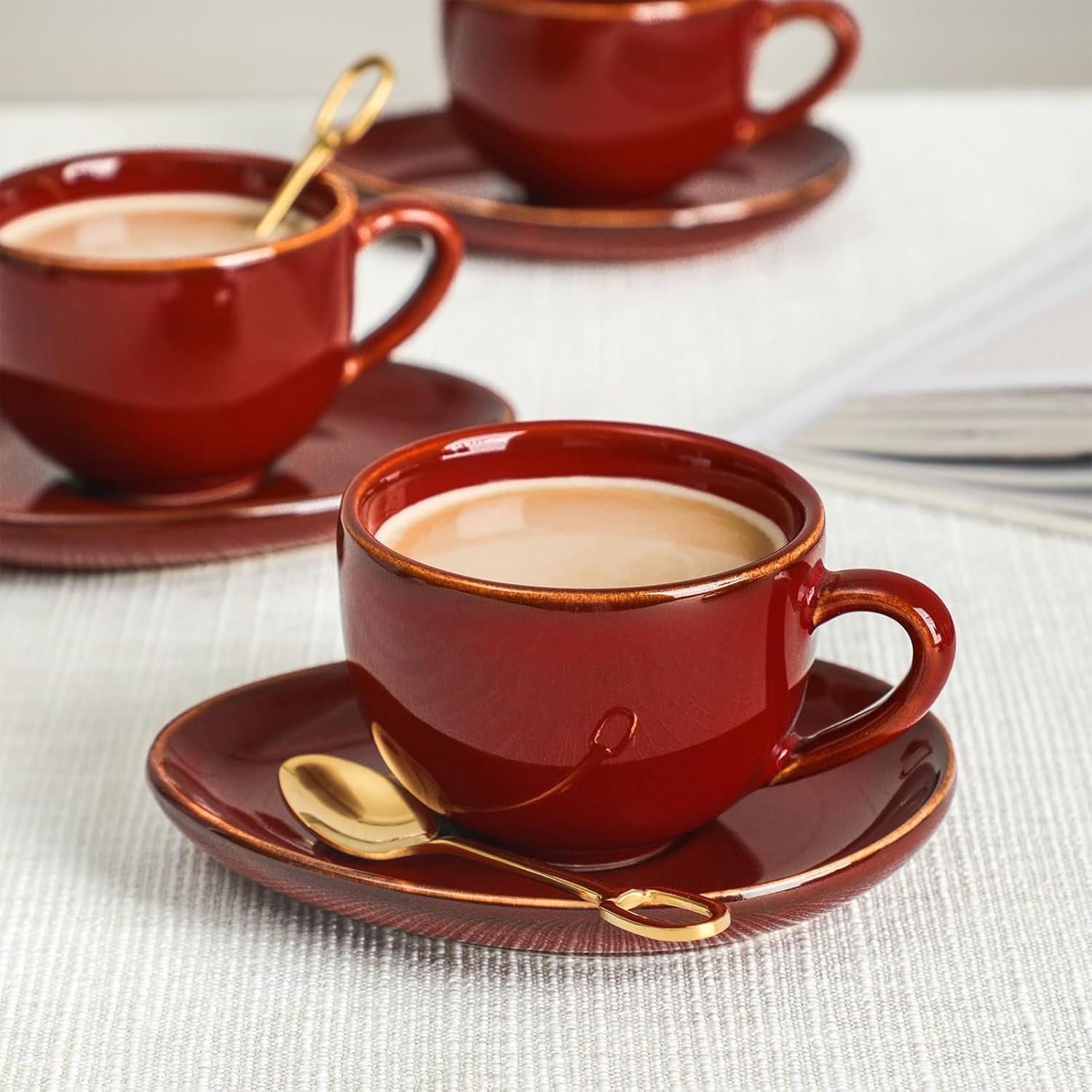vicrays Ceramic Espresso Coffee Cups Set 4 oz Porcelain Espresso Cups with Saucers Spoons and Metal Stand for Tea Cafe Cappuccino Latte - Set of 6 - Cherry Red