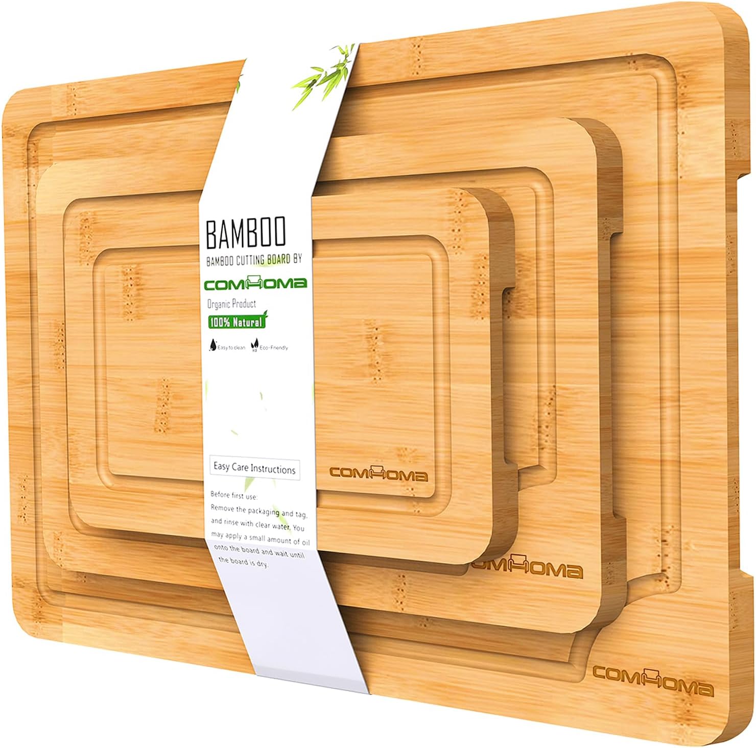 COMHOMA Cutting Board, Kitchen Serving Tray Carving Chopping Bamboo Cutting Board Set with Juice Groove and Prevent Breakage, 3pcs