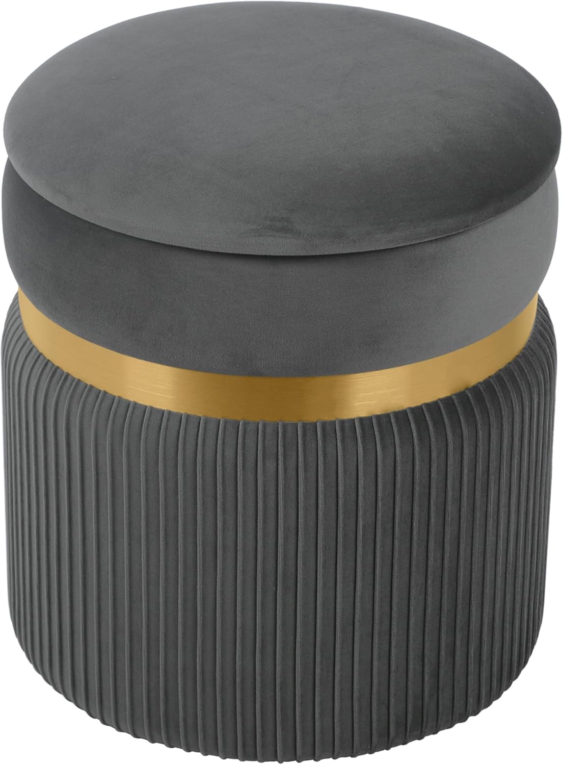 Techni Mobili Velvet Round Ottoman with Storage, Footrest or Modern Storage Ottoman with Gold Accent for Living Room Decor or Bedroom Decor, Grey