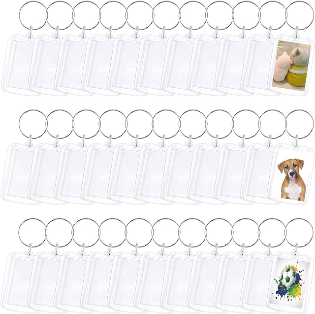 Keyring Photo Keyrings Blank, 30 Pcs Acrylic Christmas Crafts Gifts Keyring Key Fobs Blank Keyring Blanks Picture Keyrings & Keychains Gifts Christmas Party Bag Fillers for Kids Women Mens(50x33mm)