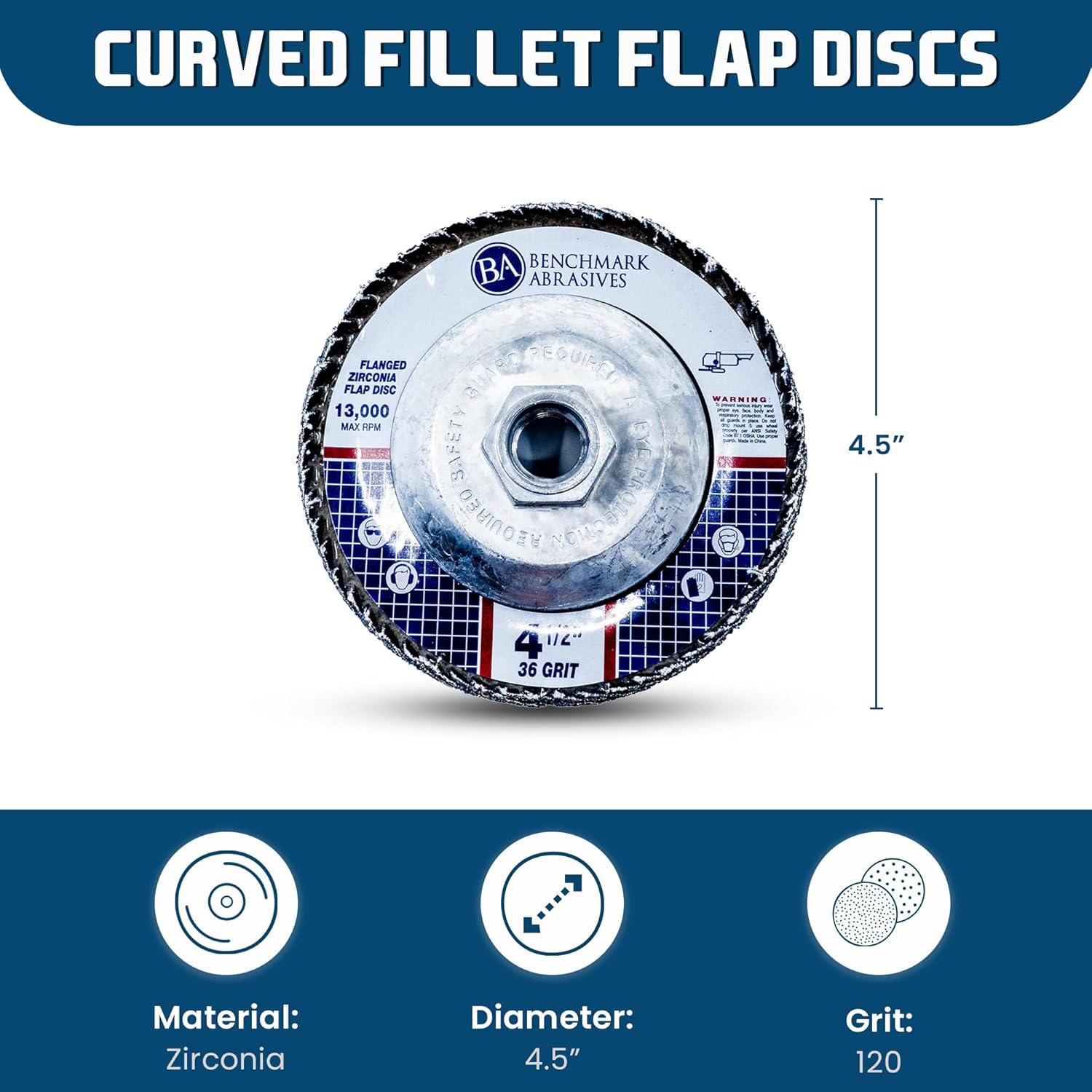 Benchmark Abrasives 4.5" x 5/8"-11 Zirconia Curved Fillet Weld Type 27 Flap Discs 4 1/2 for Angle Grinder, Sanding Discs, Finishing Rust Removal - Grinding Wheels 4 1/2 Inch (10 Pack) - 120 Grit
