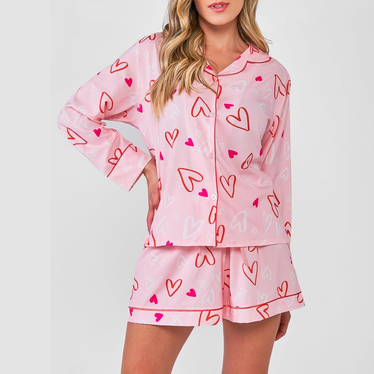 Women Christmas Pajamas Shorts Set Santa Claus Pjs Long Sleeve Button Down Shirt+Pants 2 Piece Xmas Jammies Loungewear - Image 2