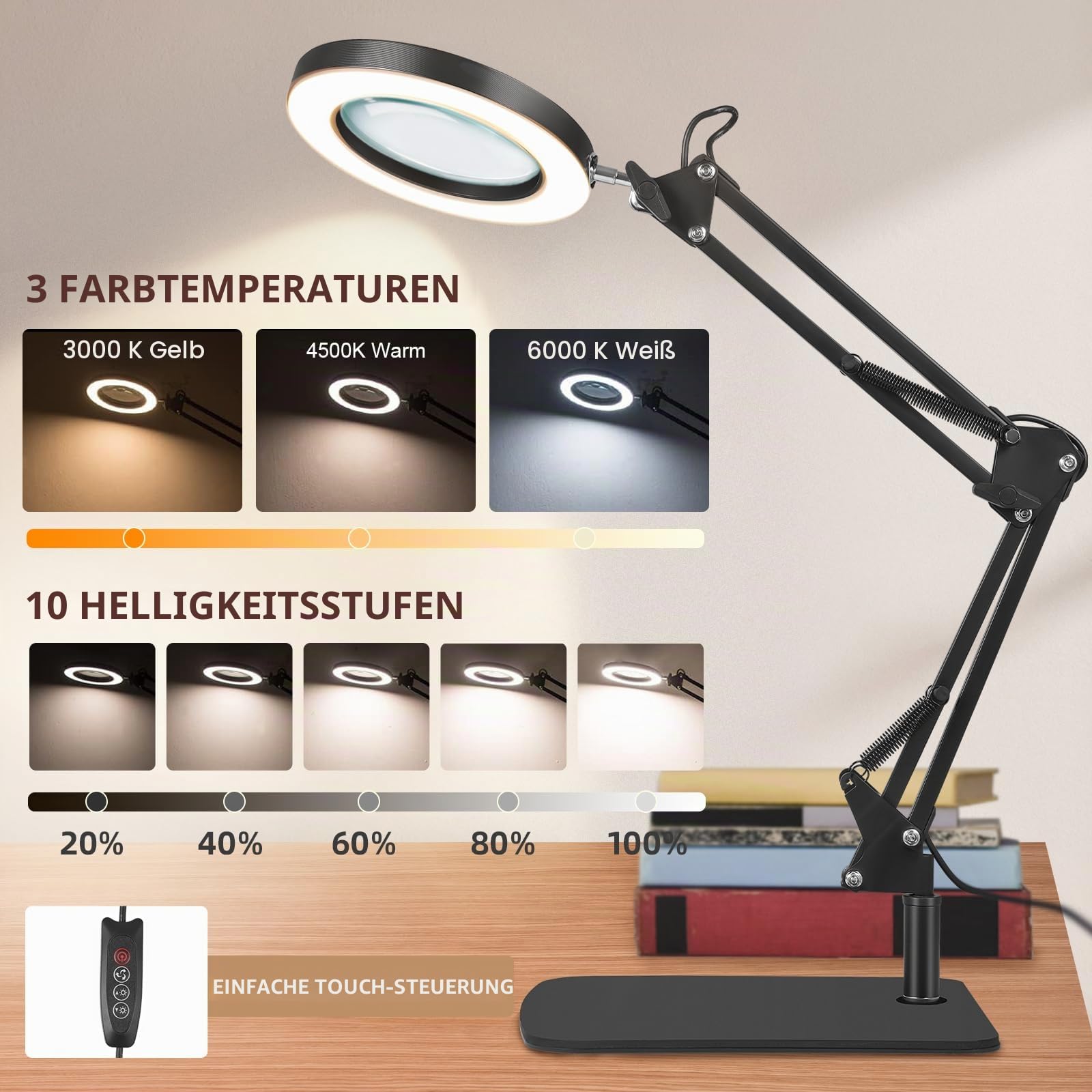 Towwoo Lupe mit Licht und Ständer, 10X Lupenleuchte mit Klemme und Großer Basis, 72 Dimmbar LEDs, 3 Farbmodi 10 Helligkeit, Tischlupe mit Beleuchtung für Naharbeiten, Schmuck, Lesen, Reparieren