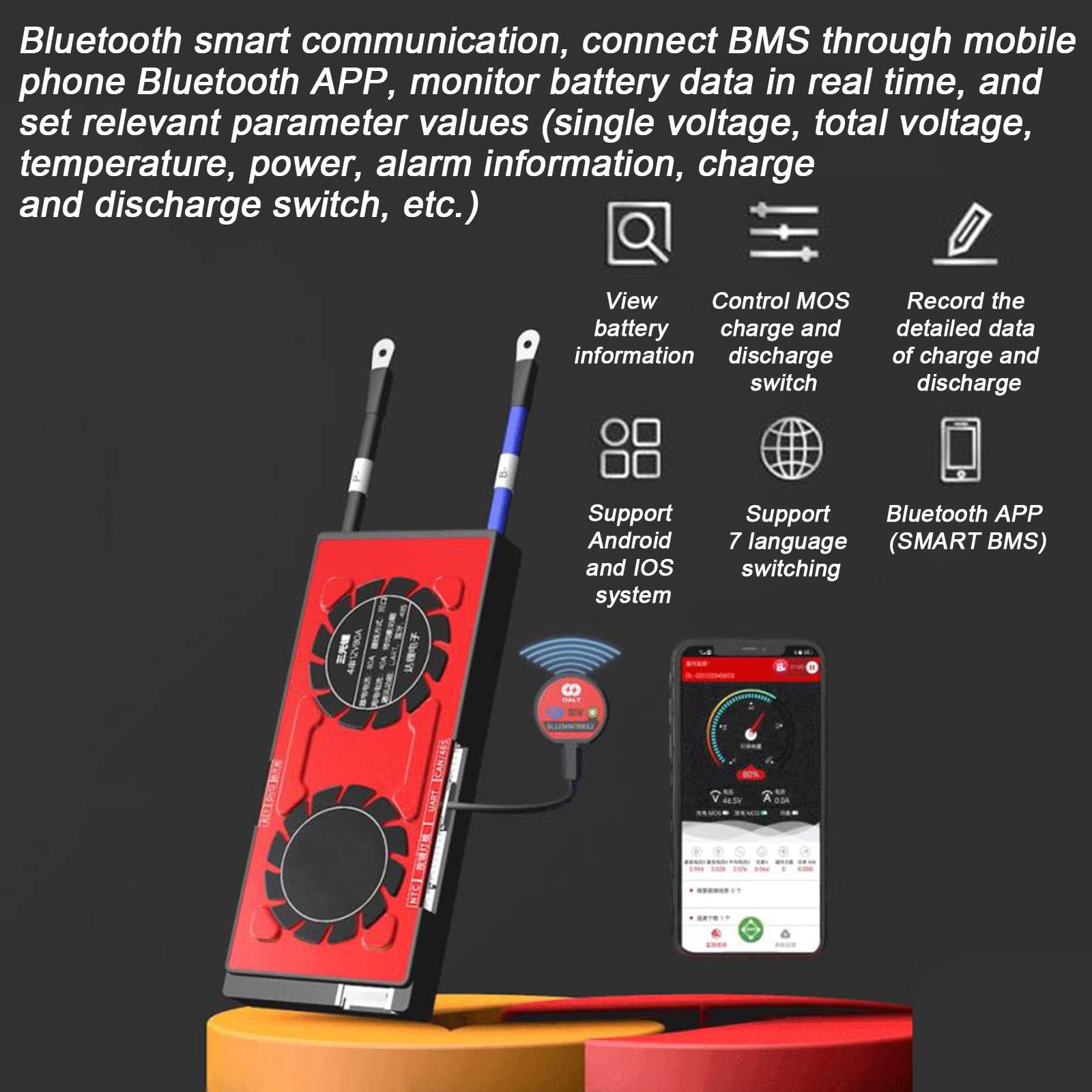 Inteligentny BMS, z Modułem Bluetooth, Obsługą Aktywnego Balansu, Funkcją UART, RS485 i CAN, Trójskładnikowa Płytka do Zarządzania Baterią Litową PCB Płytka Zabezpieczająca Baterię,17S 60V-80A