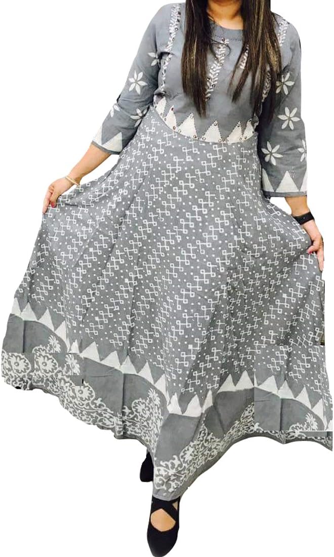 Women's Designer Block Print Mirror & Thread work Steel Grey Colour Cotton Kurti Anarkali Pattern 3/4thSleeves Round neck