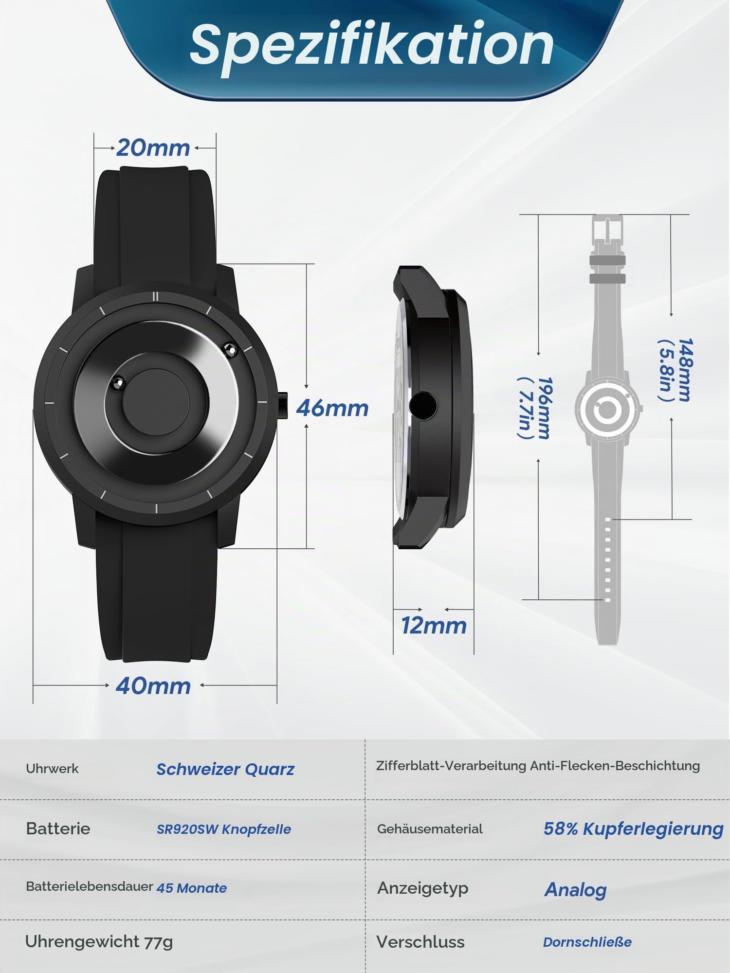 EUTOUR Magnet Uhr Herren Designer Uhren Schweiz Quarz 5ATM 40mm | Kein Glas, Keine Zeiger, Die Zeit wird durch zwei Magnetkugeln angezeigt: äußere Kugel für Minuten, innere für Stunden