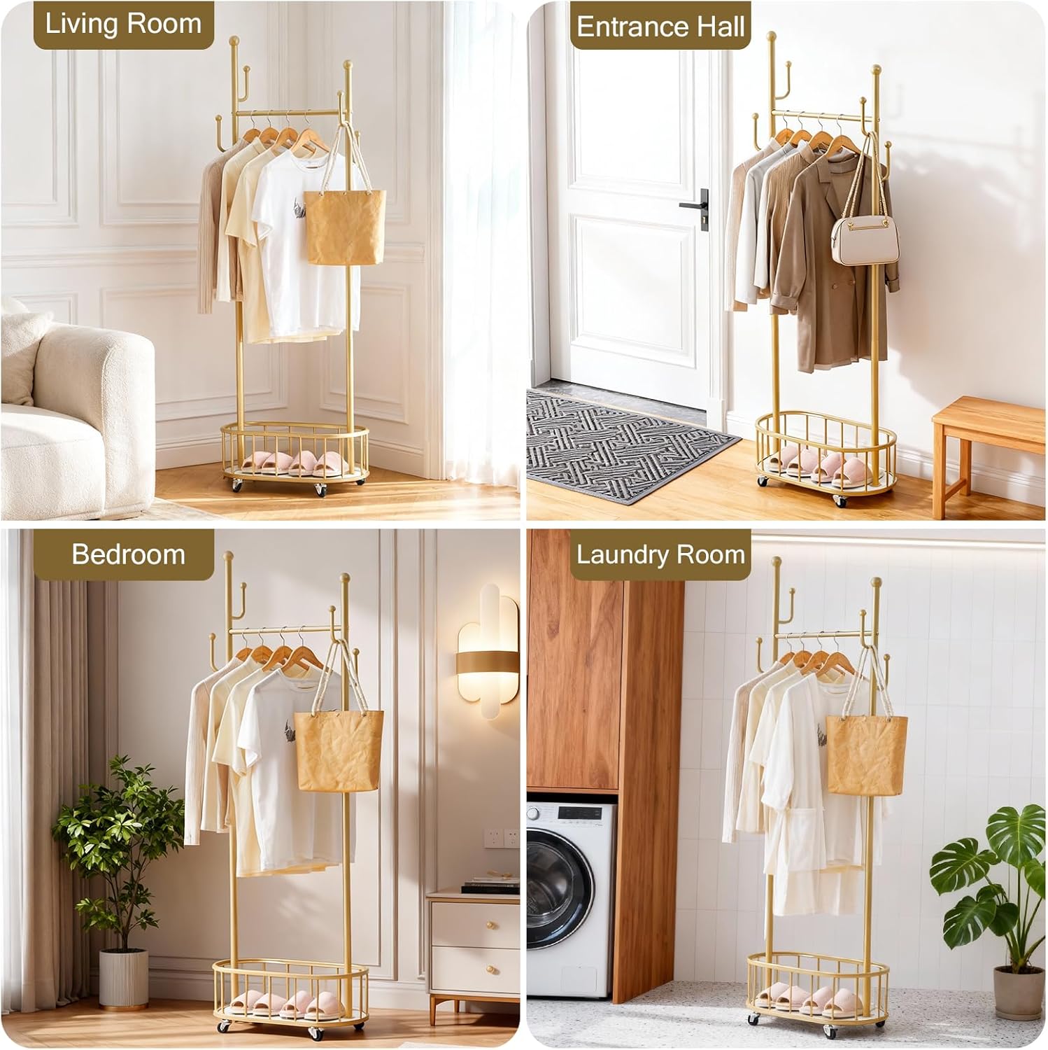 Metal Clothing Rack with Wheels, Rolling Clothes Rack for Hanging Clothes, Sturdy Standing Garment Rack with Storage Shelf and 4 Hooks, Clothes Hanger Rack for Bedroom, Closet, Living-room