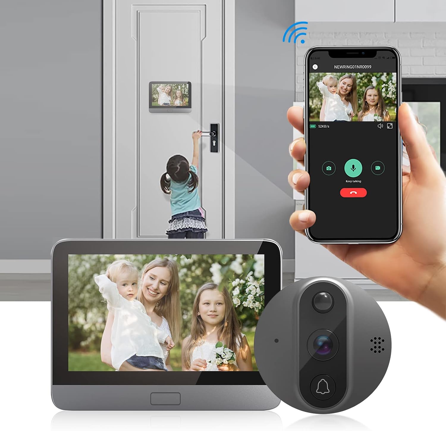 JeaTone Smart Peephole Doorbell Camera showing remote interaction via mobile app, including live view and two-way communication.