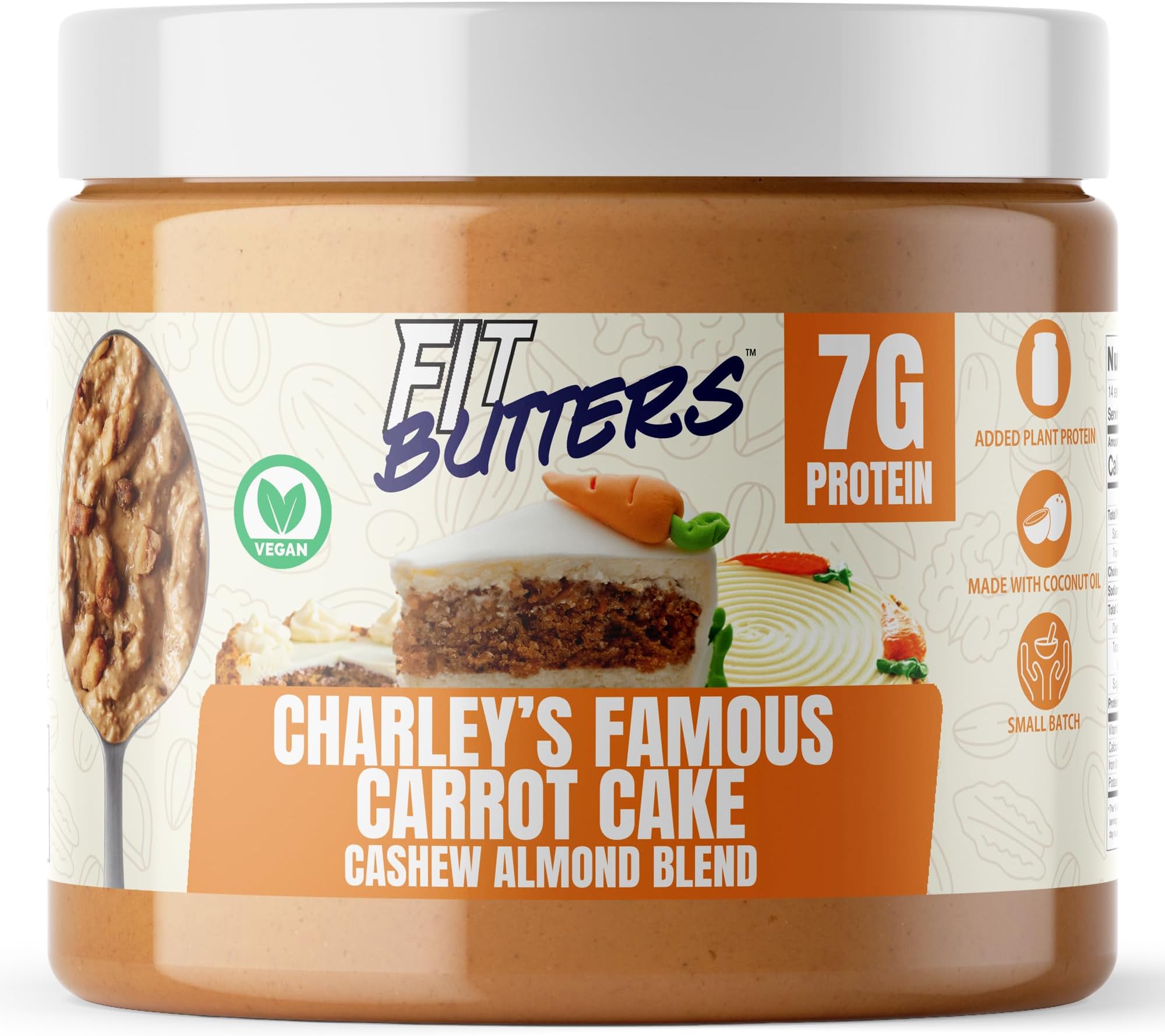 Fit Butters Charley's Famous Carrot Cake Cashew Almond Butter (Vegan) Spread - Added Protein and Coconut Oil, Low Carb, Low Sugar, Gluten Free, Complete Protein Dessert Flavored Nut Butter
