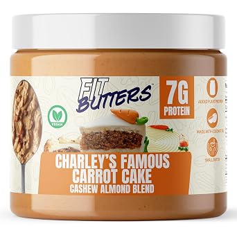 Fit Butters Charleys Famous Carrot Cake Cashew Almond Butter Vegan Spread - Added Protein and Coconut Oil, Low Carb, Low Sugar, Gluten Free, Complete Protein Dessert Flavored Nut Butter