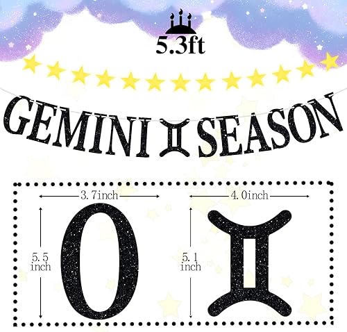 Miniatura 2 de Cartel de la temporada de Géminis con purpurina negra, letrero de feliz cumpleaños, energía de géminis grande, 12 constelaciones del zodiaco tema