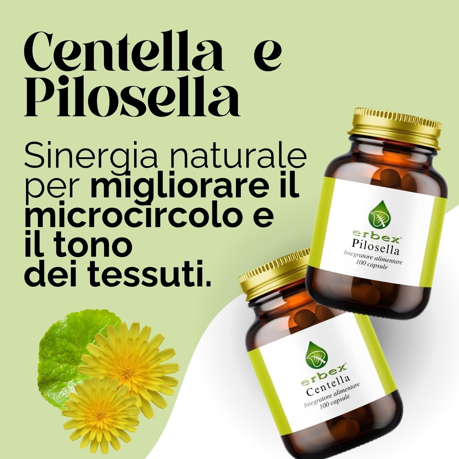 ERBEX - Centella Asiatica e Pilosella | Integratore Naturale Drenante | Microcircolo Gambe e Drenaggio Linfatico | Bundle 2 x 100 Capsule
