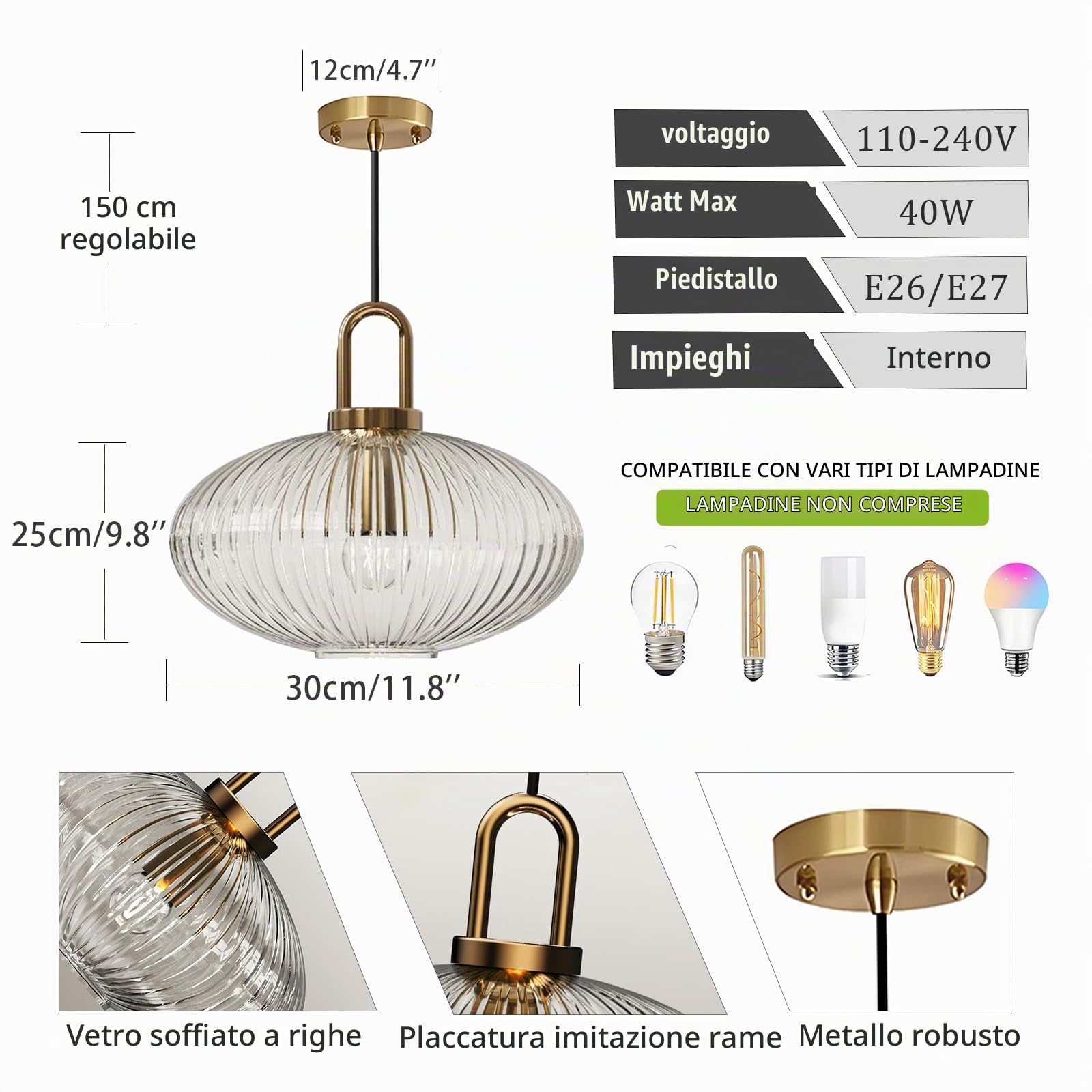 Lampadario Moderno in Vetro Trasparente a Righe, Lampada a Sospensione Regolabile con Finitura Ottone, Plafoniera E27 per Isola della Cucina, Sala da Pranzo, Camera da Letto (30cm)