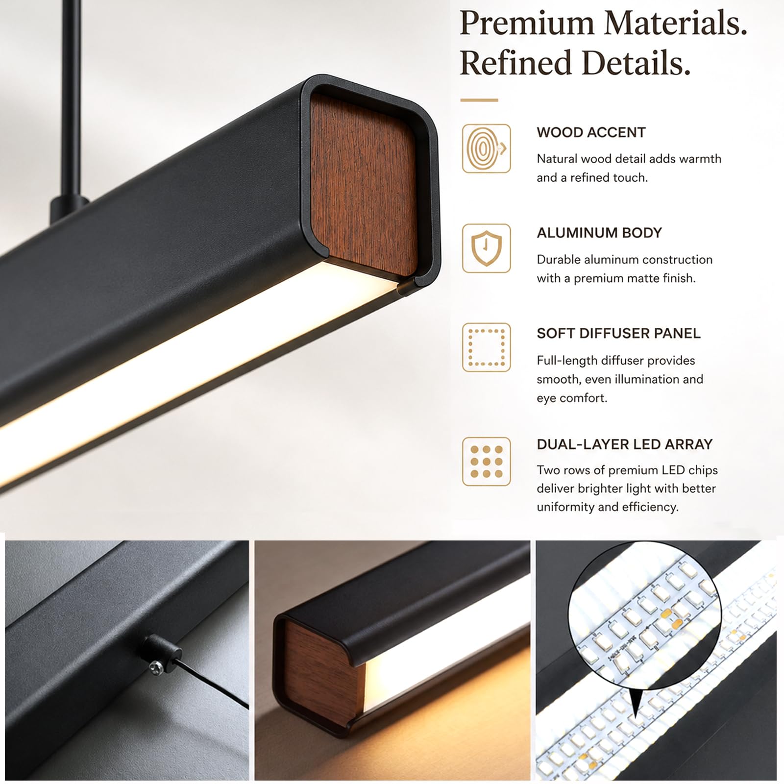 Moderna Lampada a sospensione LED Dimmerabile, lampadario cucina in legno con Telecomando 36W lampadario Lineare Regolabile in altezza, nero per sala da pranzo Ufficio, L100CM
