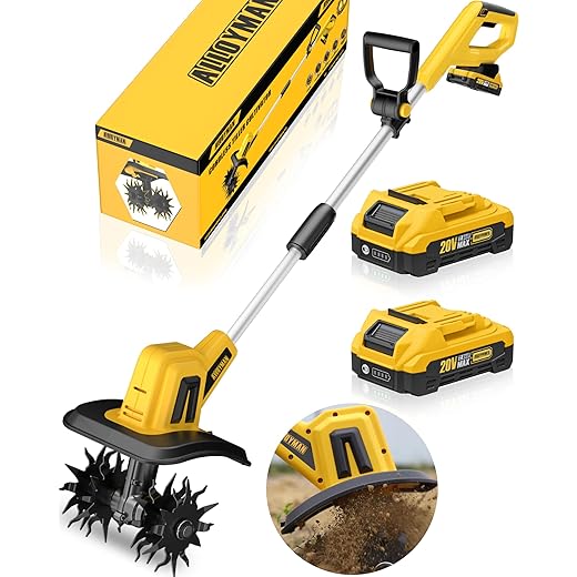 Alloyman 20V Max Cordless Tiller 360 RPM, Electric Tiller with 2 x 2.0 Ah Batteries and Charger, Working Width 23 cm, Depth 17 cm, for Lawn/Garden/Tillage