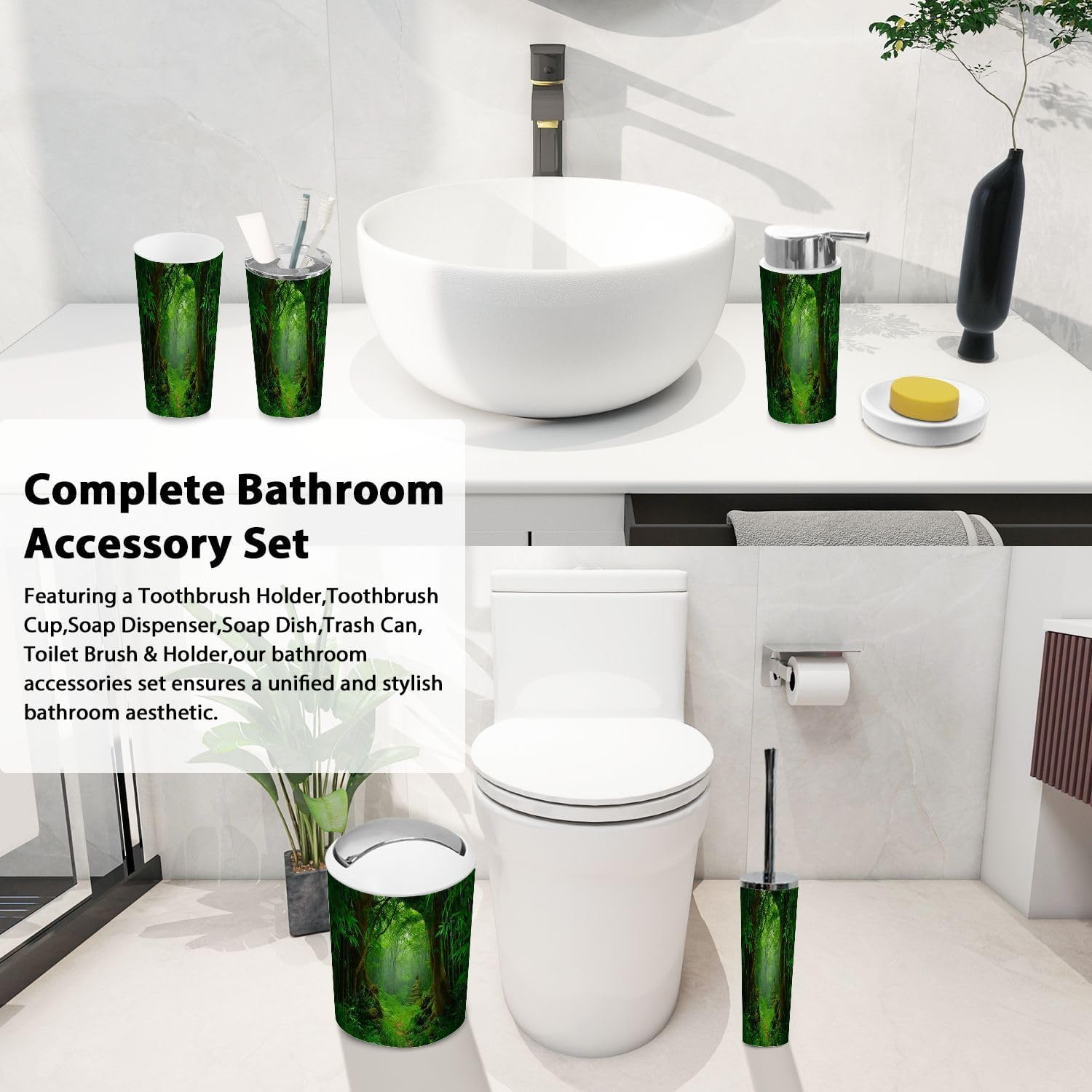 Bathroom Accessory Set 6 Piece Boho Tropical Jungle Trash Can, Toothbrush Holder, Soap Dispenser, Soap Dish, Toothbrush Cup, Toilet Brush Holder