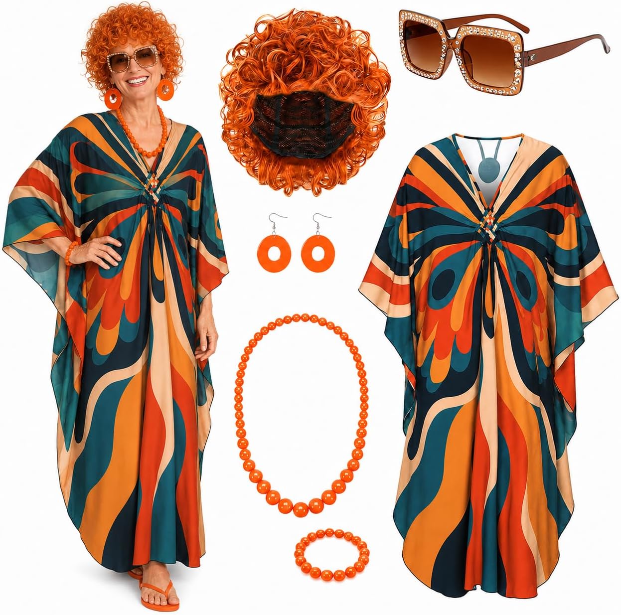 6 Pcs Women's Landlady Costume Curly Wig Caftan Dress Bead Jewelry and Glasses for Halloween Luau Cruise Party