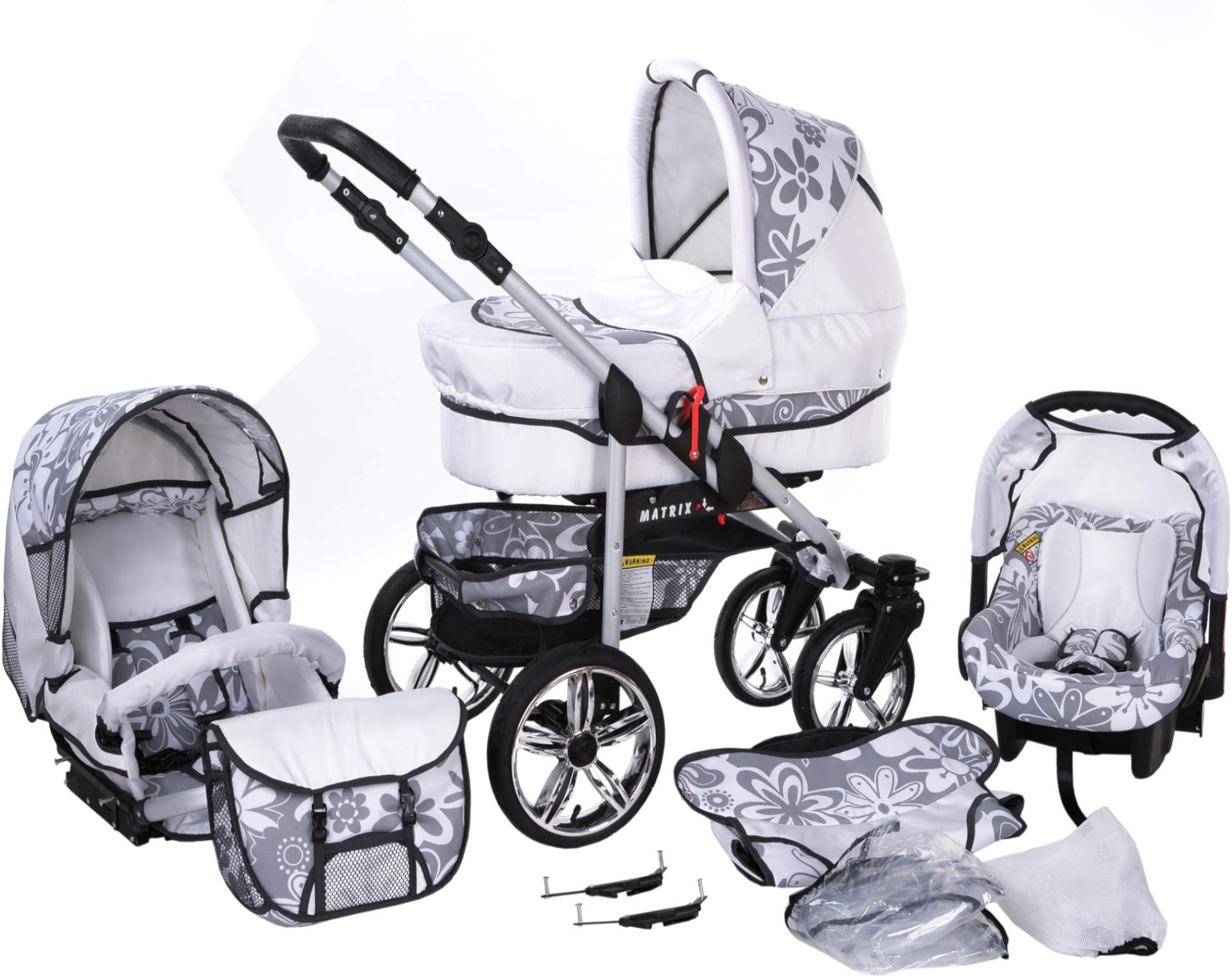 Travel System Stroller Pram Pushchair 2in1 3in1 Set Isofix X-Car by SaintBaby White & Graphite Flowers 2in1 Without Baby seat