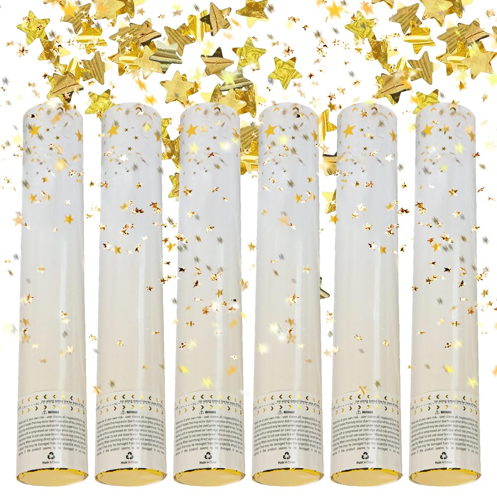 Rppiup 6pcs Confetti Cannons, Gold Stars Confetti Cannon Party Poppers, Large Biodegradable Confetti Wedding Confettis, Big Burst for Weddings, Birthdays, New Year, Celebration, Graduations, Christmas
