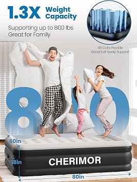 CHERIMOR Queen Air Mattress with Built-in Pump, 18 Raised Comfort, 48Hr Leak-Proof Test, Upgraded Honeycomb Pillar Design, Supports 800 lbs, 3-Min Inflation-Inflatable Bed for Home Guests & Camping