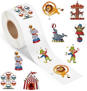 500 Pcs Circus Stickers Roll Funny Carnival Animal Clown Decals Self Adhesive Waterproof Cartoon Birthday Party Decorations Supplies Favors DIY Craft Envelope Seals Scrapbook Cup Decals