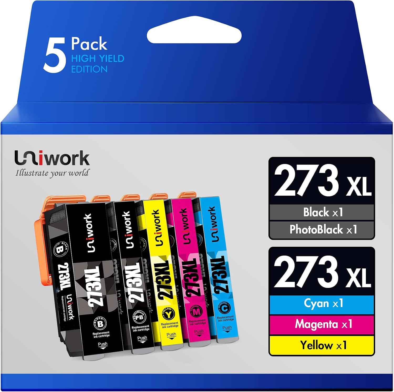 Uniwork Remanufactured Ink Cartridge Replacement for Epson 273 XL 273XL use for Expression XP-520 X-P820 XP-620 XP-610 XP-800 XP-810 Printer Tray, 5-Pack (Black, Photo Black, Cyan, Magenta, Yellow)