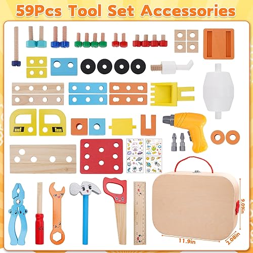 Miniatura 6 de Juego de herramientas para niños pequeños, 56 piezas de madera con caja de herramientas, juguetes educativos de aprendizaje de construcción, juegos