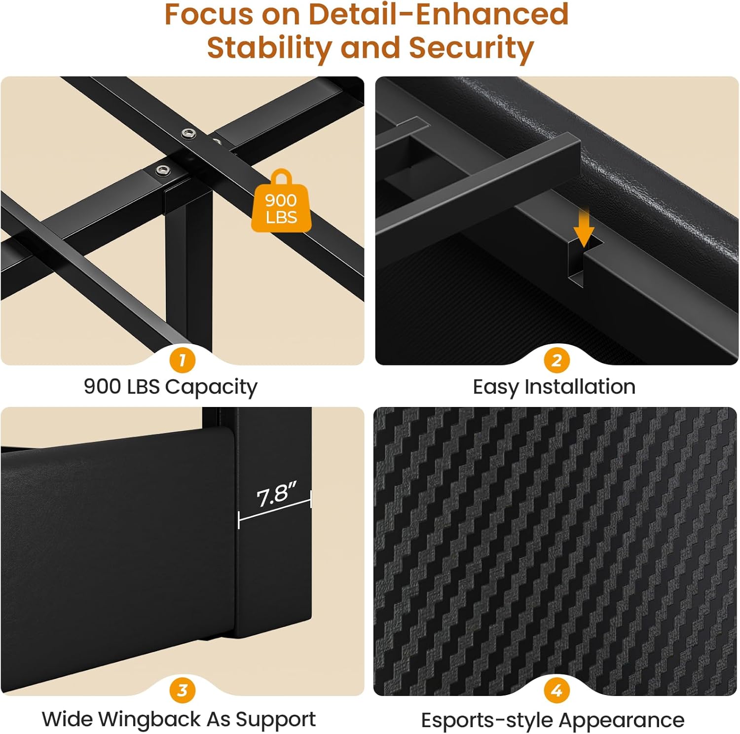 DICTAC Full Bed Frames with Storage Headboard and 2 Large Drawers, Gaming Bed with RGB Lights and Charging Station, Leather Upholstered Platform Bed, Esports-Style Bed, No Box Spring Needed, Black