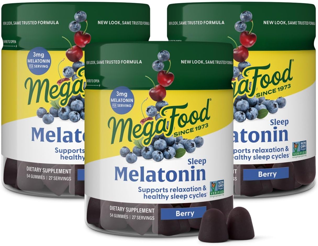 MegaFood Melatonin Gummies - Melatonin 3mg per Serving to Help Relax & Fall Asleep  Sleep Gummies for Adults - Berry Flavor, Non-GMO, Certified Vegan - 54 Count (27 Servings) 3 Pack