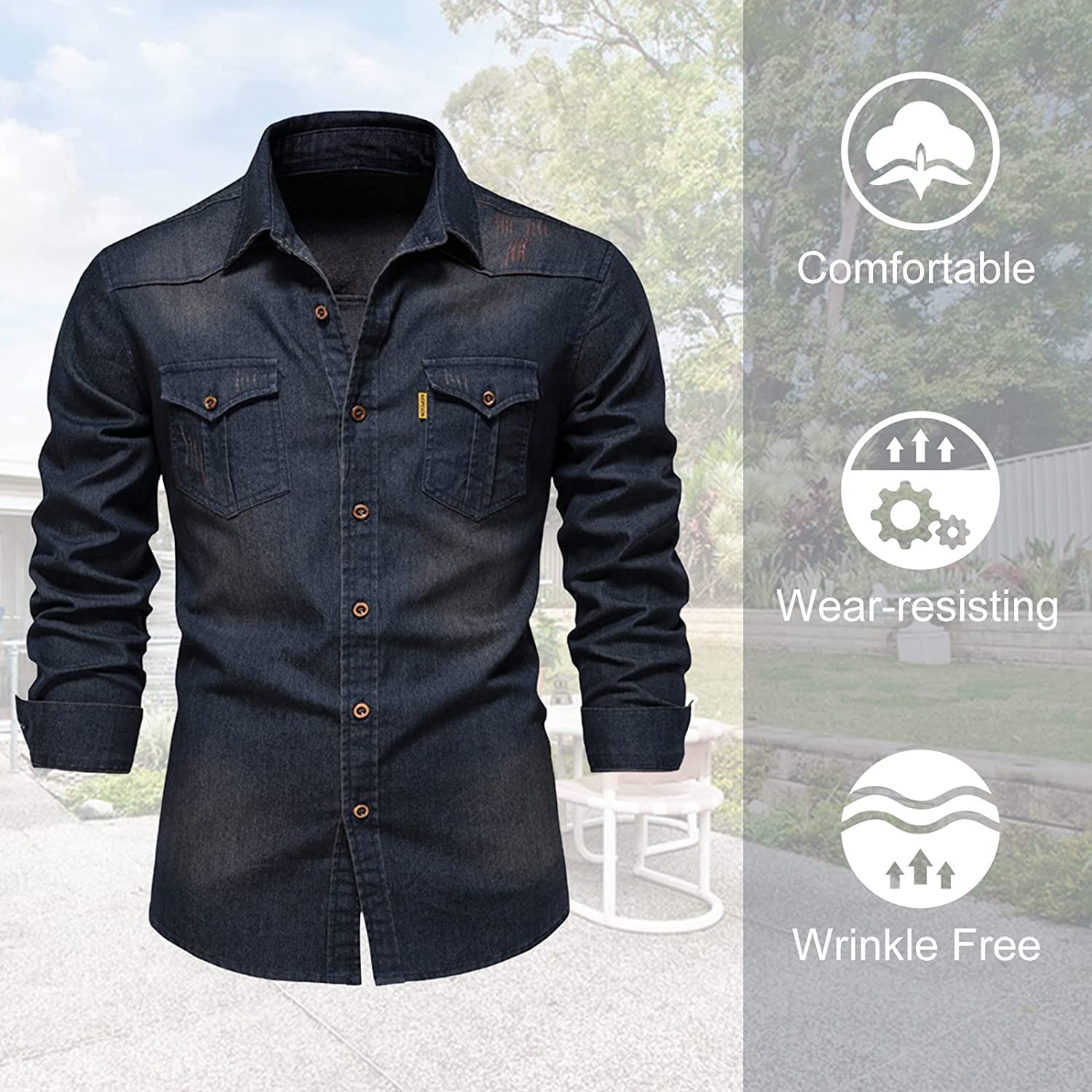 HOTIAN Camisa Vaquera de Manga Larga para Hombre, Ocio y Negocios, Regular, Entallada, Azul Medio, L