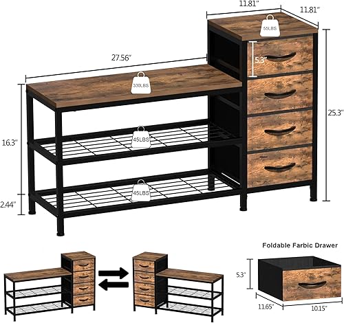 Miniatura 2 de EXOTICA Banco de almacenamiento de zapatos de 3 niveles para entrada industrial con 4 cajones y estante para zapatos, armario de almacenamiento para