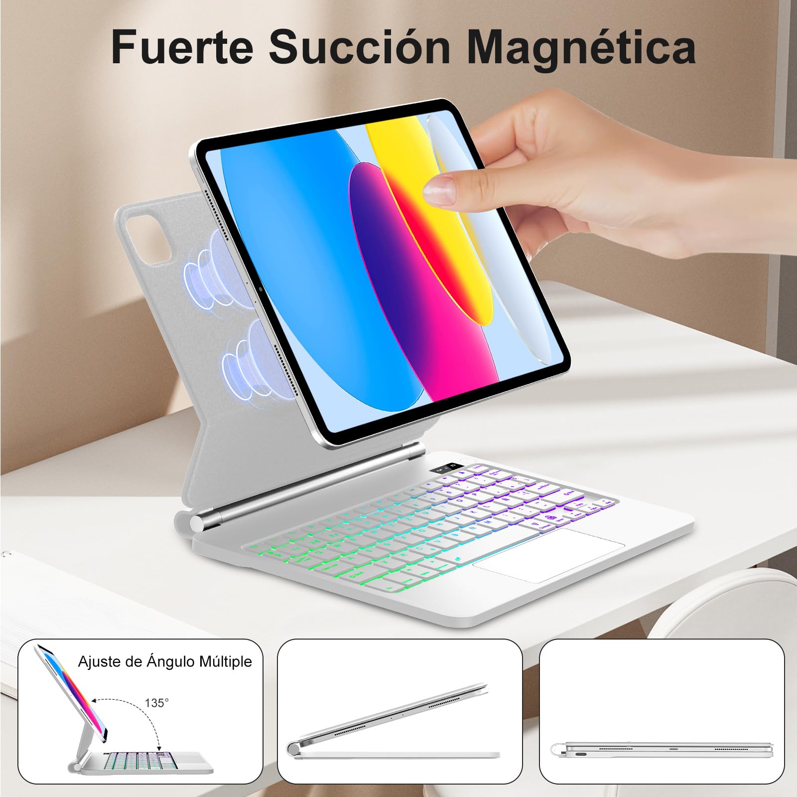 FOGARI Magic Keyboard para iPad A16 11 Generación 2025/10 Generación 2022 | Español Ñ Teclado Magnético Combo Touch para iPad 10ª/11ª Generación 11 Pulgadas A16 Bluetooth Teclado con Trackpad, Blanco