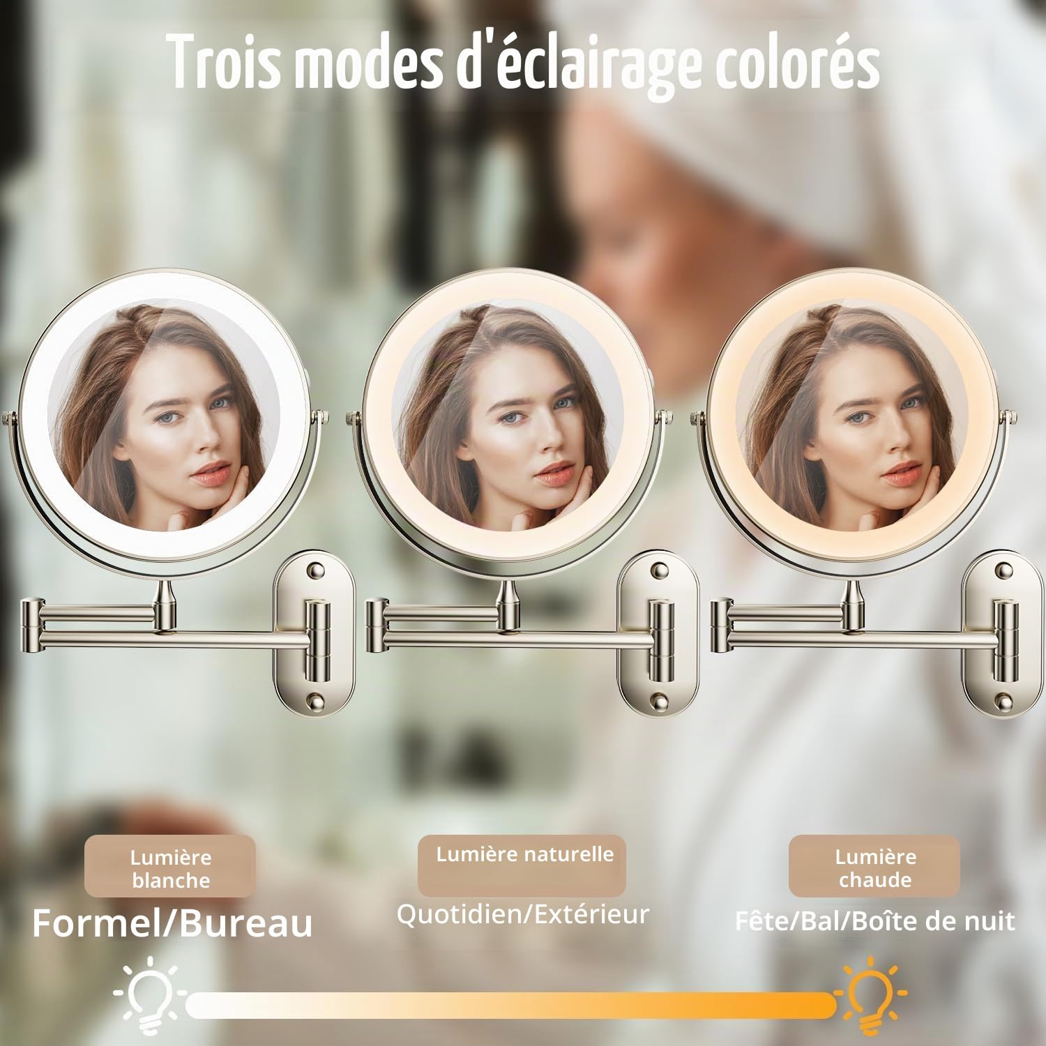 Miroir Grossissant Lumineux 1X/10X Mural Miroir Grossissant Lumineux Mural et 360°Pivotant 3 couleurs luminosité et température de couleur réglables USB Rechargeable, pour coiffeuse, salle de bain