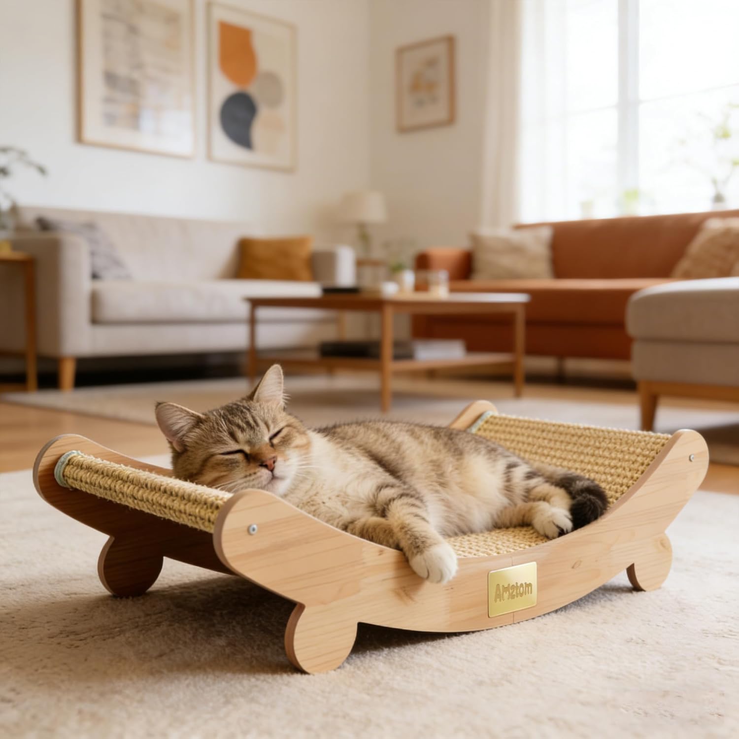 Sisal Cat Scratcher Bed for Indoor Cats,Natural Sisal Cat Scratch Pad Hammock Lounge for Large Cats,Cute Cat Chair Scratching Post for Cats Lounger&Sleep,Wooden Modern Cat Furniture