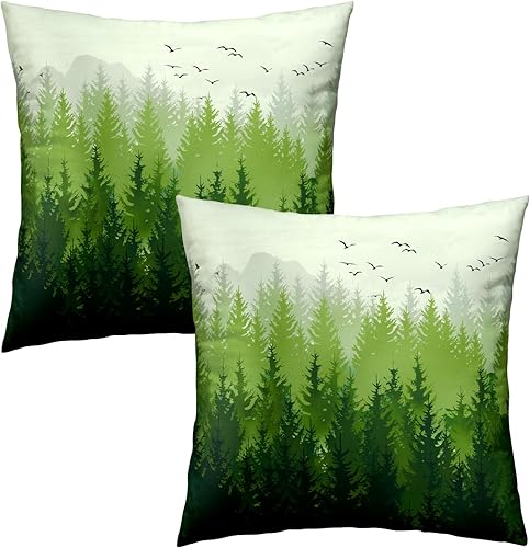 Miniatura 2 de Fundas de almohada abstractas de bosque brumoso, 2 unidades, color verde, naturaleza, pino, montaña, fundas de cojín decorativas para sofá, funda de