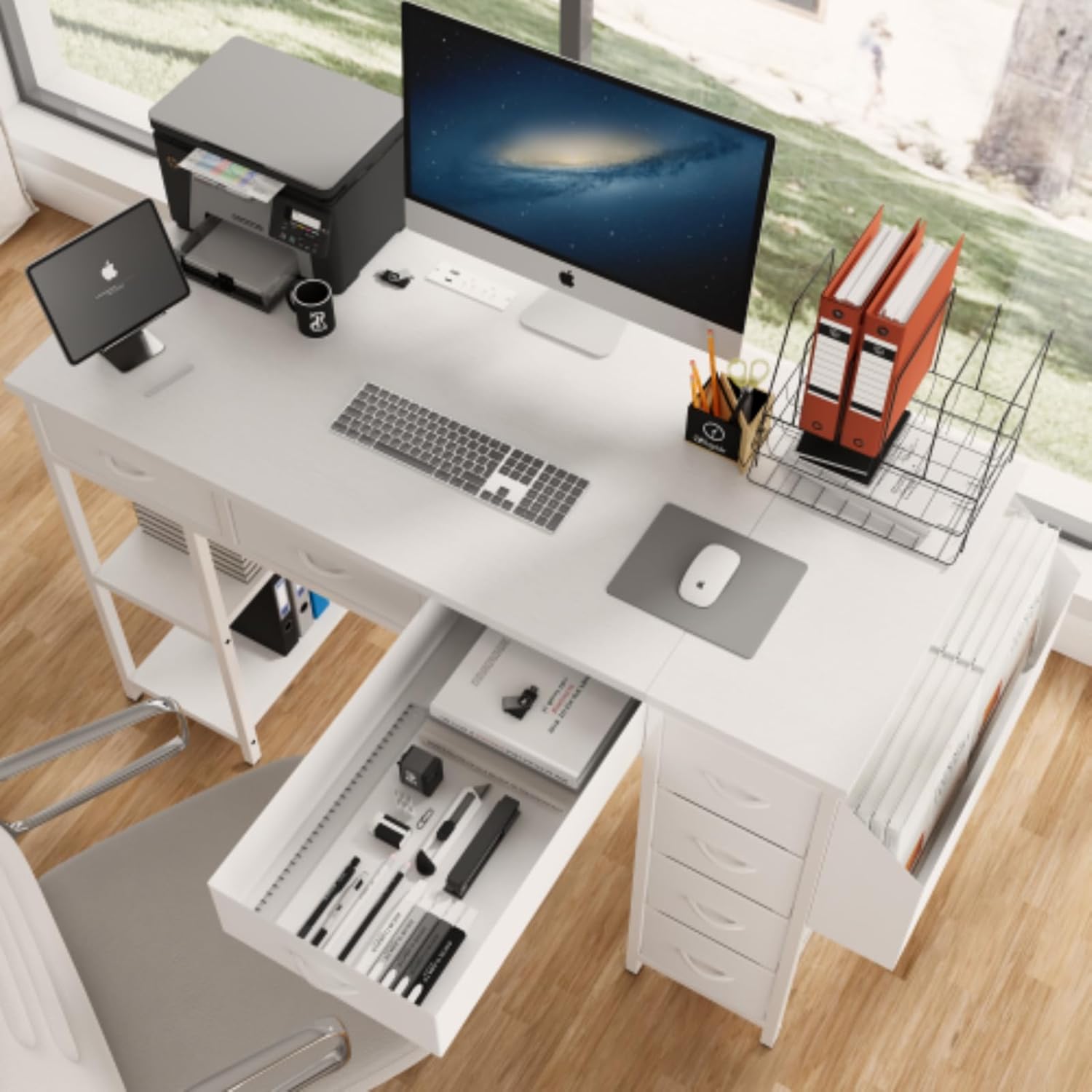 47" Computer Desk, Desk with Power Outlet, Writing Desk, Home Office Desk, Dressing Table with 7 Fabric Drawers, Large Side Pockets, White, Modern Minimalist Style