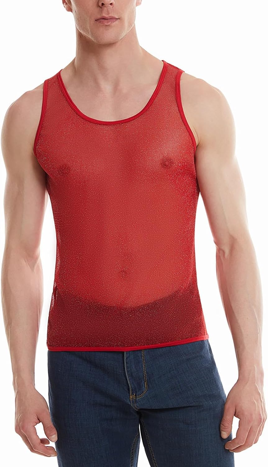 Men's Tank Tops Hip Hop Shiny Transparent Casual Weightlifting Activewear Vest for Bodybuilding Fitness and