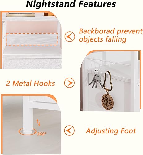 Miniatura 7 de Furologee Mesita de noche con 2 cajones de tela, mesa de noche blanca, mesa auxiliar con estante de 2 niveles, mesa auxiliar con ganchos y parte