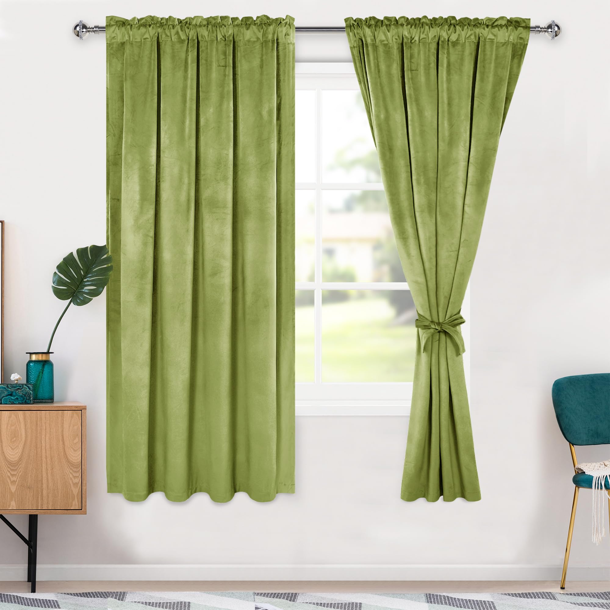 Hiasan Velvet Curtains 63 inches-Blackout Thermal Insulated Solid Soft Curtains for Christmas Bedroom Living Room Rod Pocket Room Darkening 2 Panels
