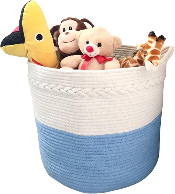 Cotton Rope Basket - Extra Large Blue Storage Basket With Handles. Woven Storage Basket For Blankets, Toy Basket Storage, Clothes basket, Shoes Basket. Blue Basket For Toys (Blue)