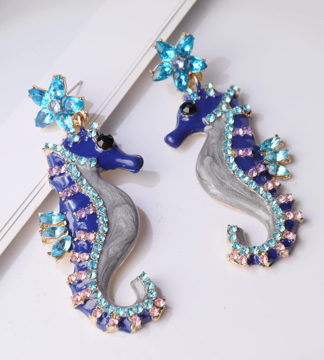 seahorse Earrings for Women cute animal starfish blue seahorse ocean unique funny crystal rhinestone bohemian dangle earrings women's jewellery gifts - Image 5