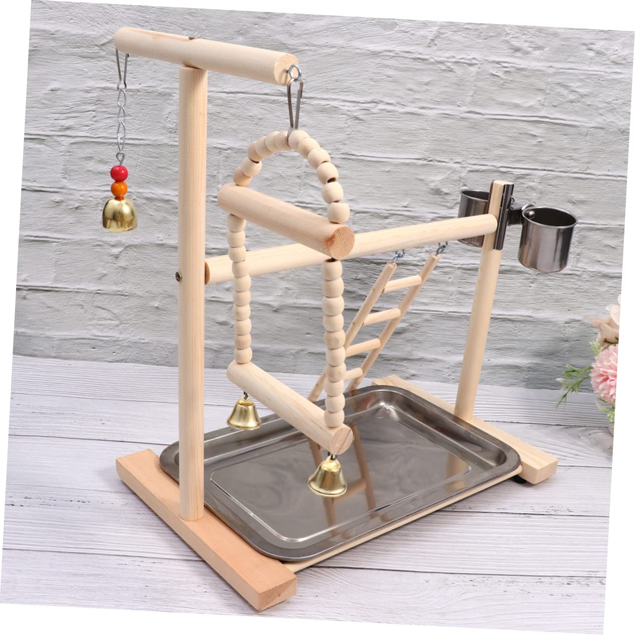 Housoutil Giochi per Pappagalli in Legno Altalena e Scala, Supporto per Gabbia e Giardino, Acciaio Inox, Resistente Colore Casuale