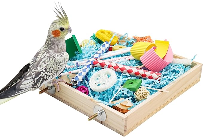 Bird Foraging Toys Box, Wooden Parrot Shredding Toys Box, Bird Chewing Toys, Birdcage Accessories, Suitable for Small Birds Parakeets Cockatiels Love Birds Conures
