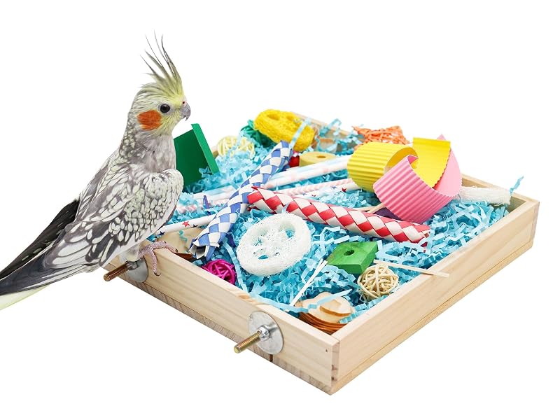 Brinquedo de forrageamento para aves com caixa de madeira e materiais variados Jinkoozz – 23,88 x 23,88 x 4,06 cm