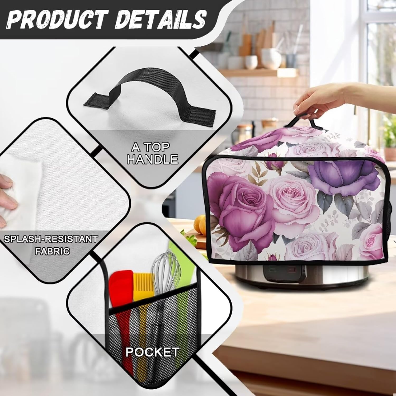 Flashideas Purple Rose Slow Cooker Cover Resistant Oval Slow Cooker Cover Slow Cooker Dust Cover Easy to Clean and Store Keep Your Kitchen Clean for Home Kitchen Dining Room Decorations