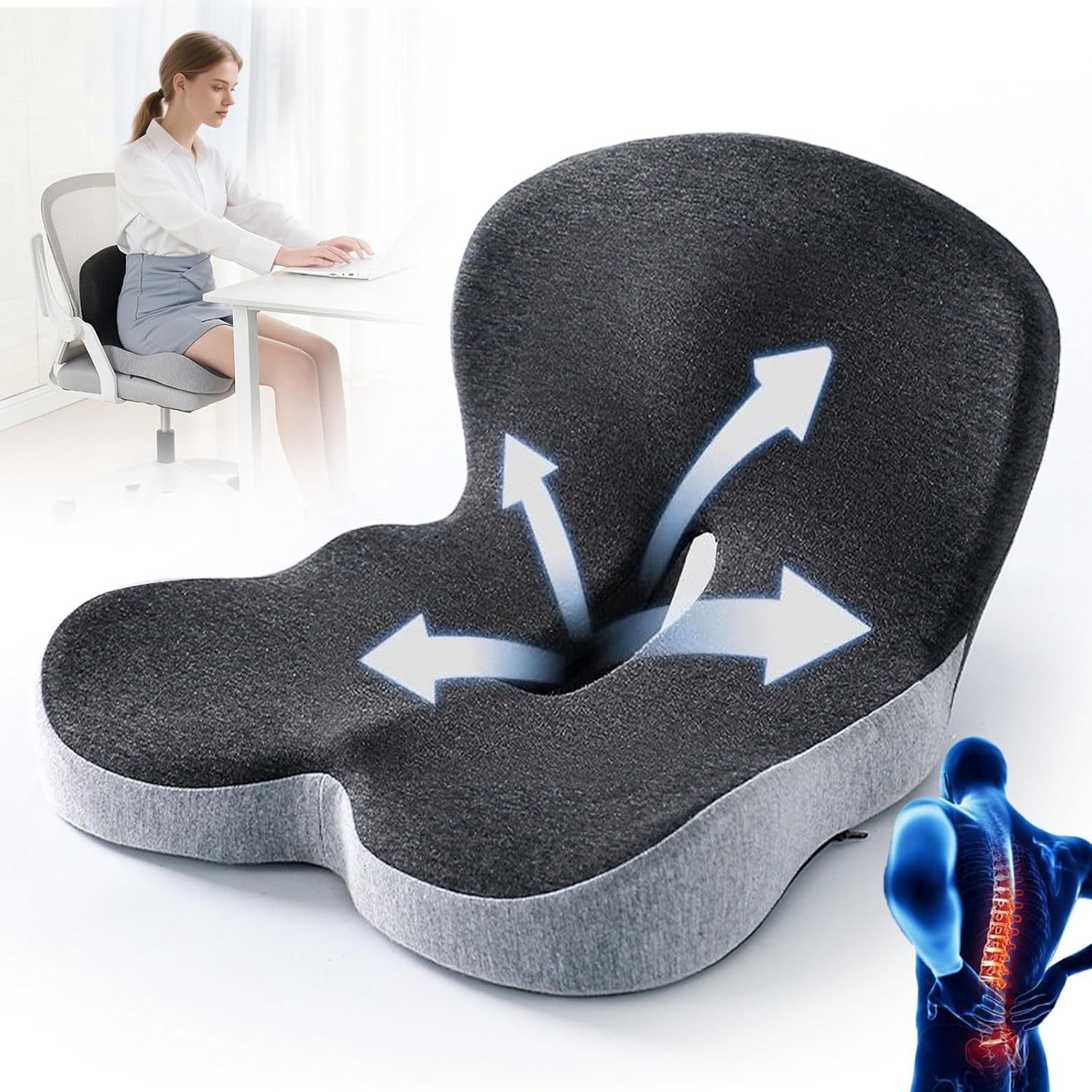 Memory Foam Seat Cushion for Truck Drivers, Office Chairs Ergonomic Seat Cushion for Back, Tailbone Sciatica Pain Relief, Pressure Relief Pad for Long Sitting, Car Seat Desk Chair Use